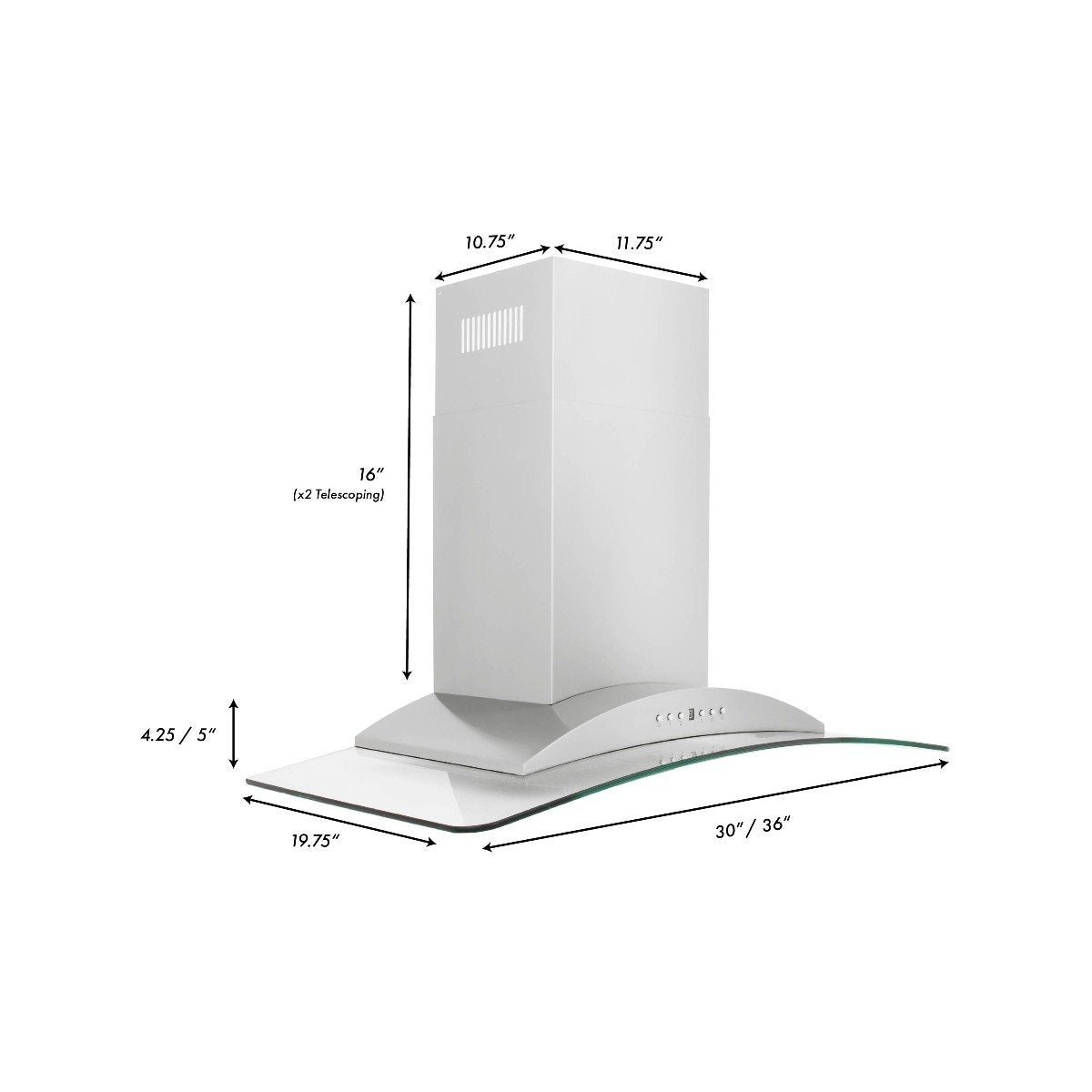 Stainless steel wall-mount range hood with glass chimney and convertible vent design
