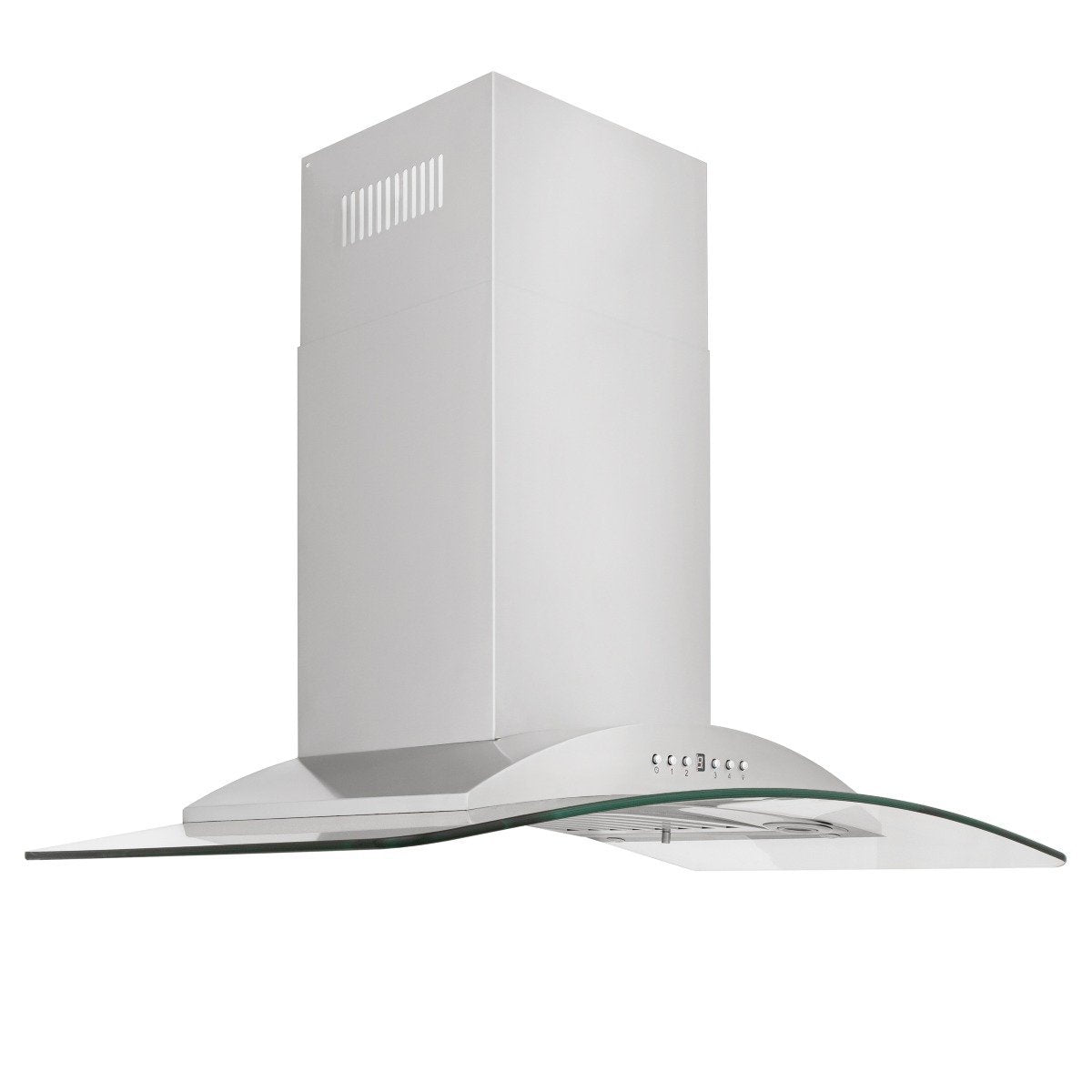 Stainless steel wall-mount range hood with glass chimney and sloped vent panel