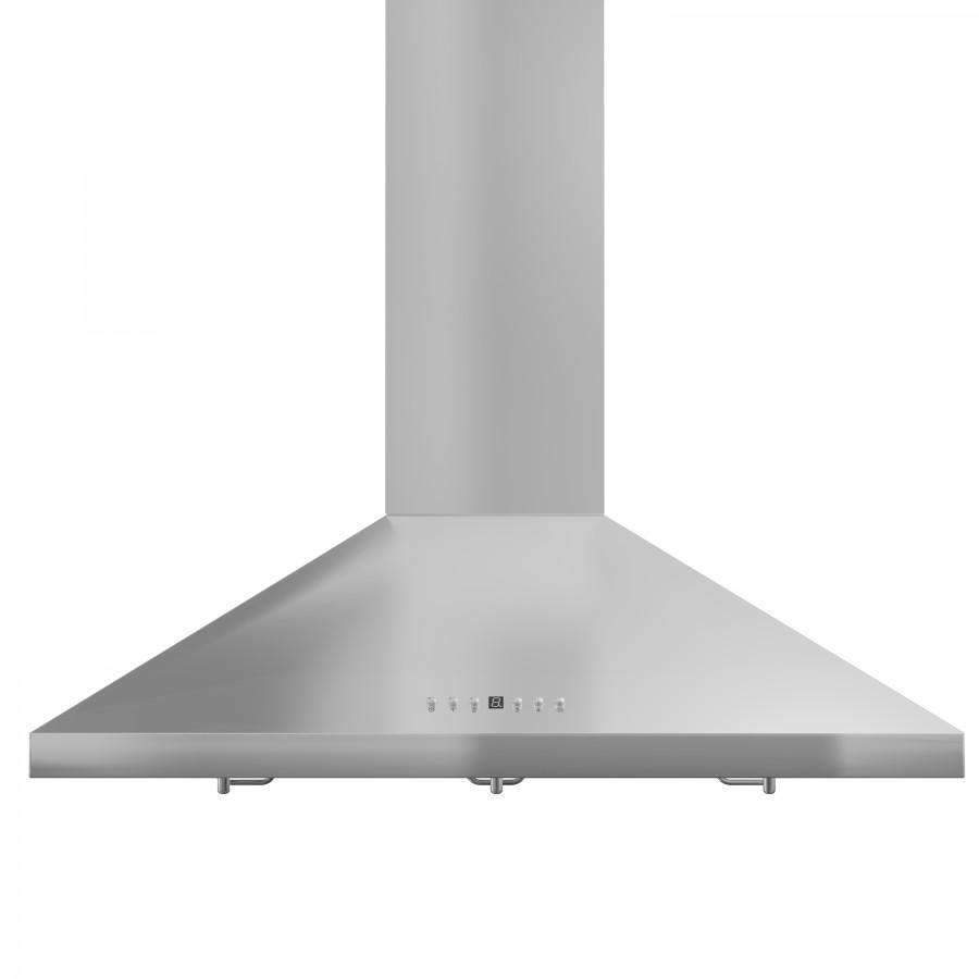 Stainless steel wall mount range hood underside with vent flue and baffle supports