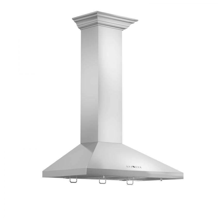 Stainless steel wall-mount convertible range hood with crown molding, front view.