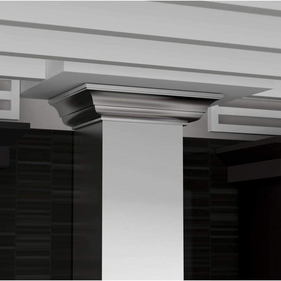 Stainless steel wall-mount range hood with crown molding and vent opening, close-up.