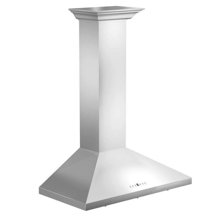 Stainless steel wall-mount convertible range hood with crown molding, angled view.