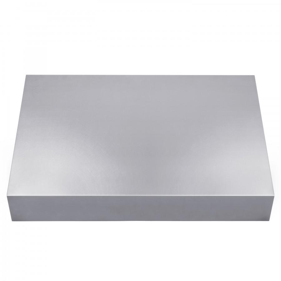 Top panel of stainless under-cabinet range hood with smooth rectangular housing