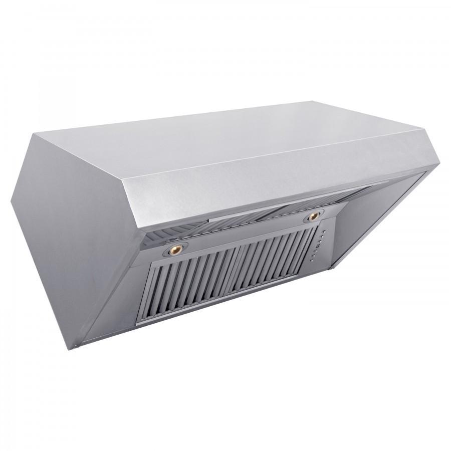 Angled view of stainless under-cabinet range hood vent grille and baffle filters