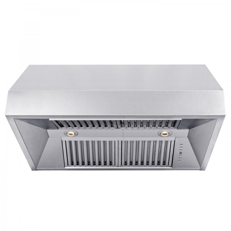 Stainless under-cabinet range hood with baffle filters and two recessed lights