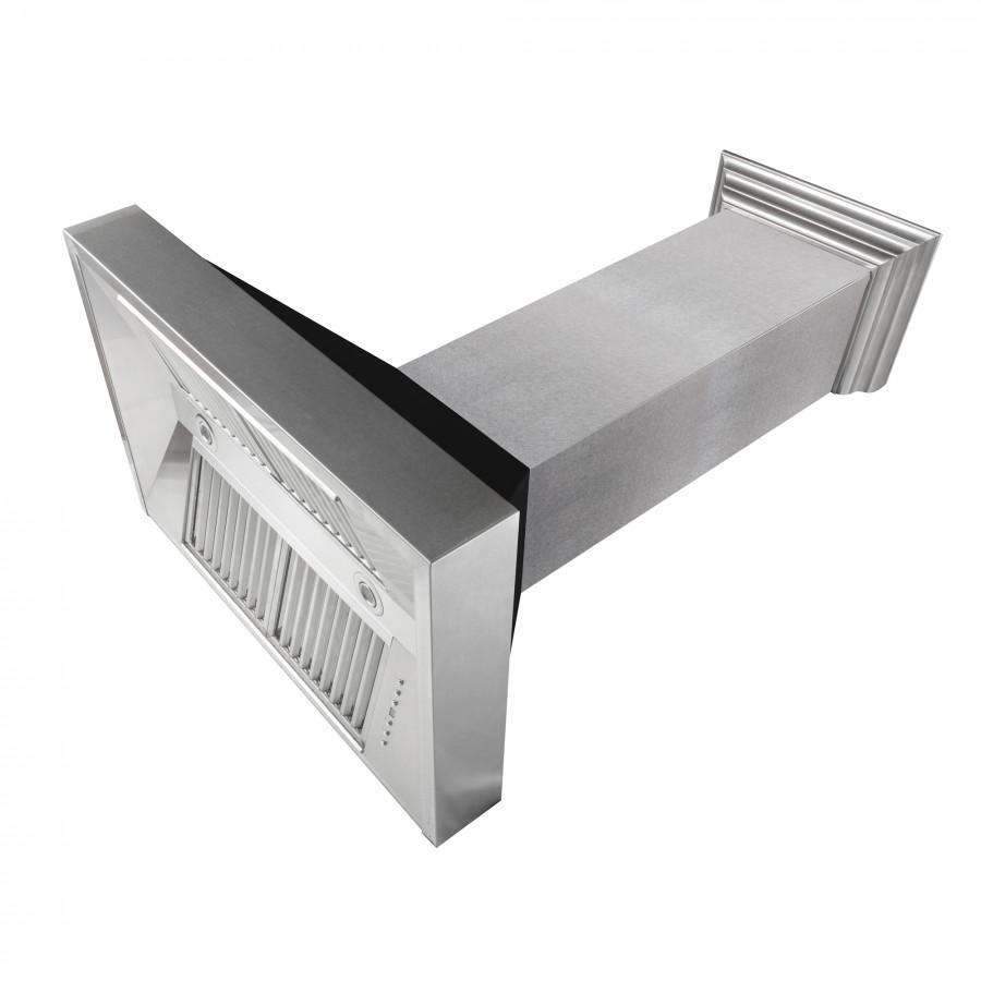 Ducted range hood side view with satin stainless chimney and black matte hood baffle.