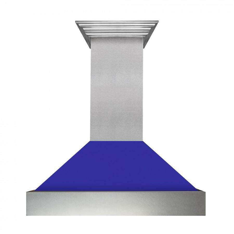 Stainless wall-mounted range hood with blue matte canopy and top chimney