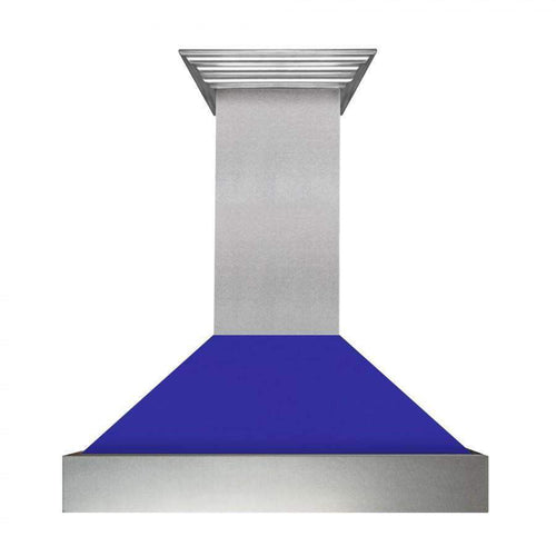 ZLINE satin stainless range hood with blue matte canopy, front section view