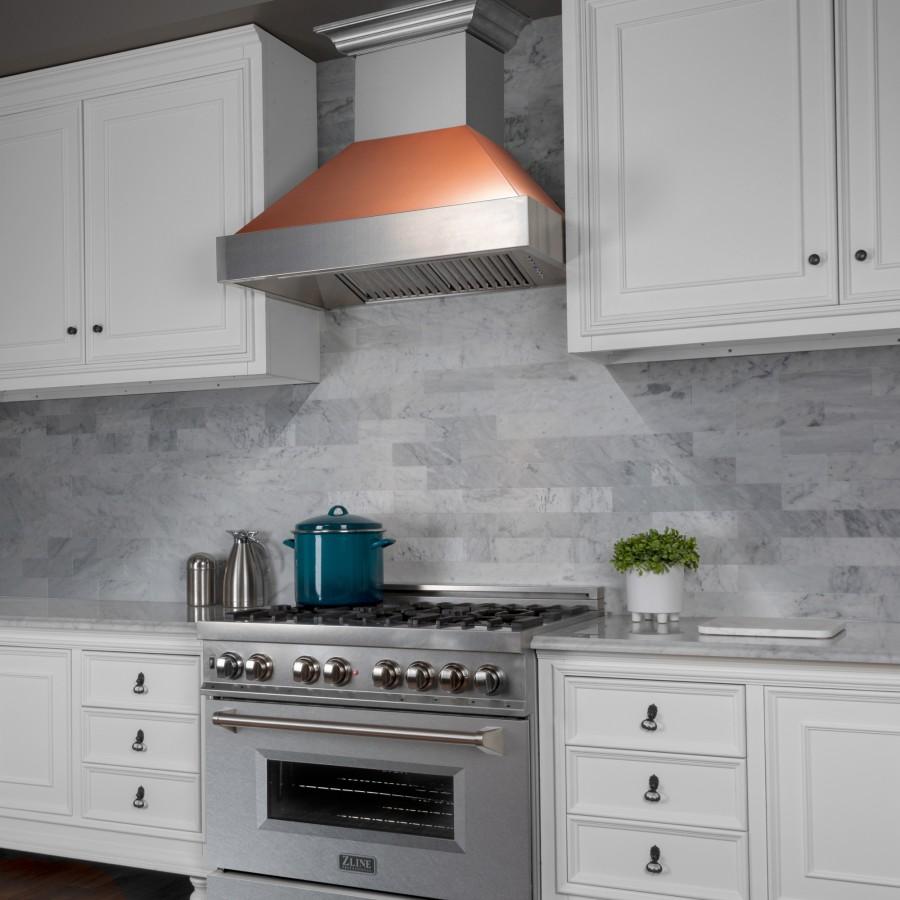 Wall-mount range hood with stainless steel body and copper chimney-style hood canopy