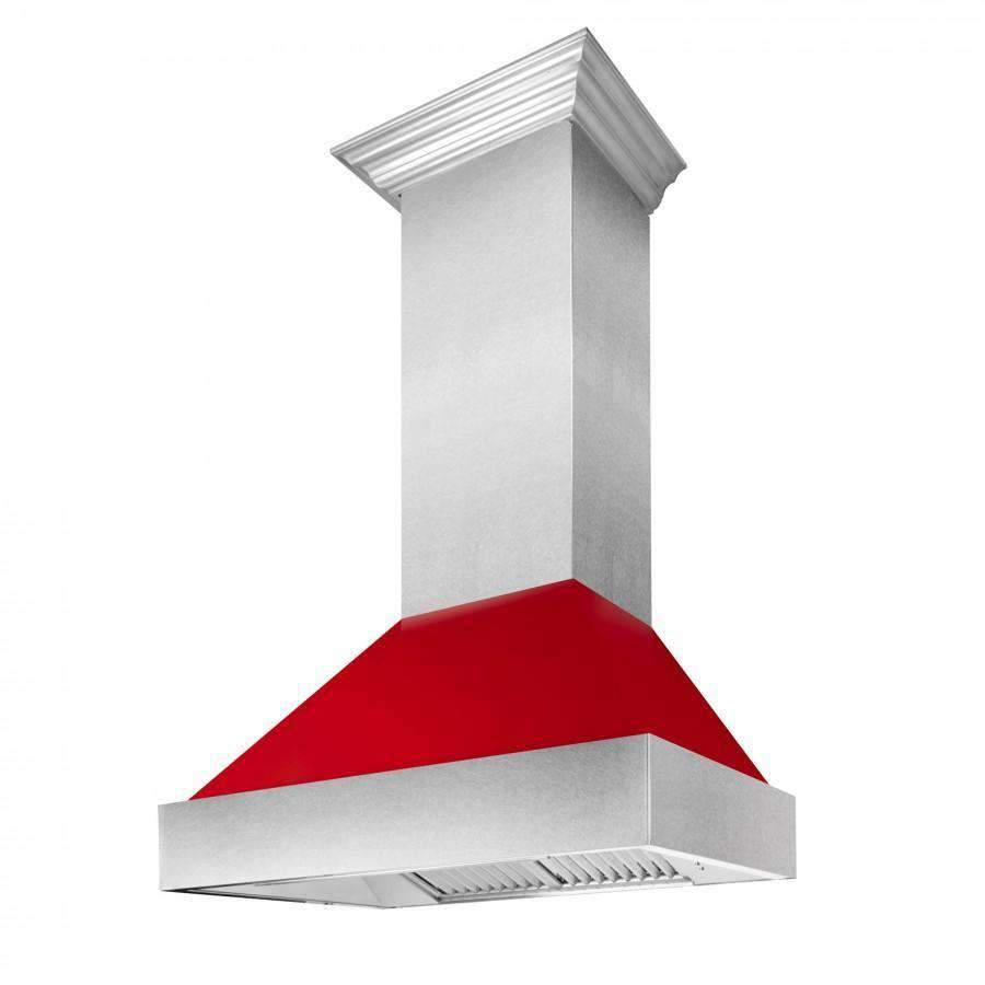 Wall-mounted ducted range hood with stainless chimney and red gloss baffle, flared canopy.