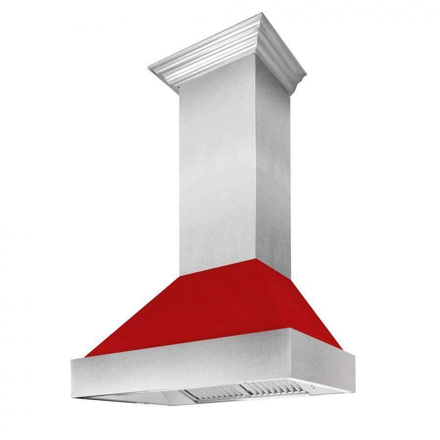Light gray and stainless steel ducted wall range hood with red canopy and vent baffle
