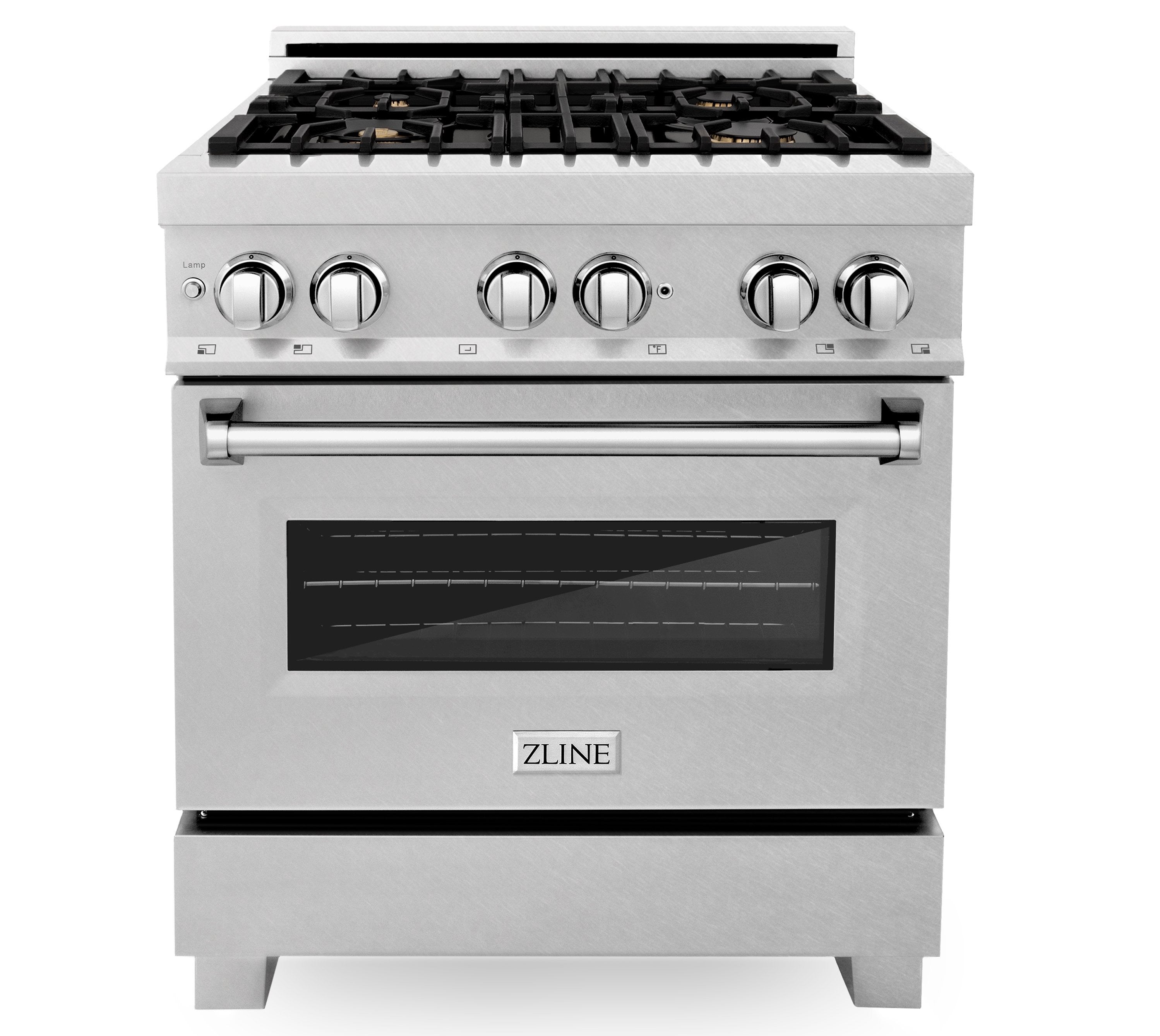Satin stainless dual fuel range front with 4 gas burners and glass oven door