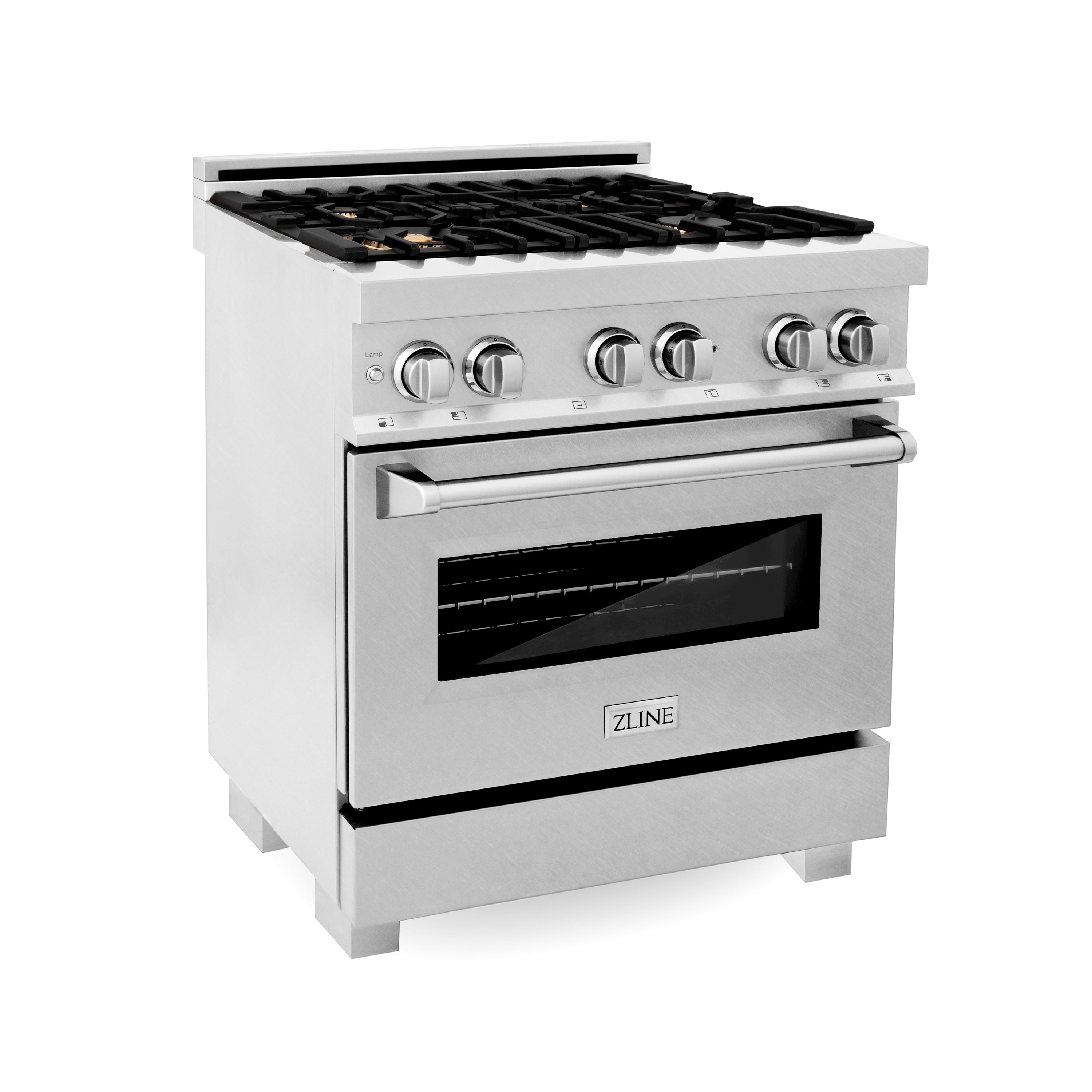 Satin stainless steel dual fuel range with four gas burners and electric oven door