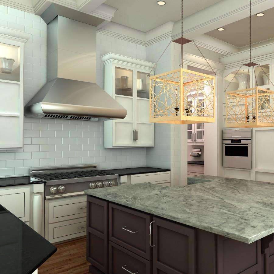 Stainless steel chimney range hood with canopy and integrated vent grille