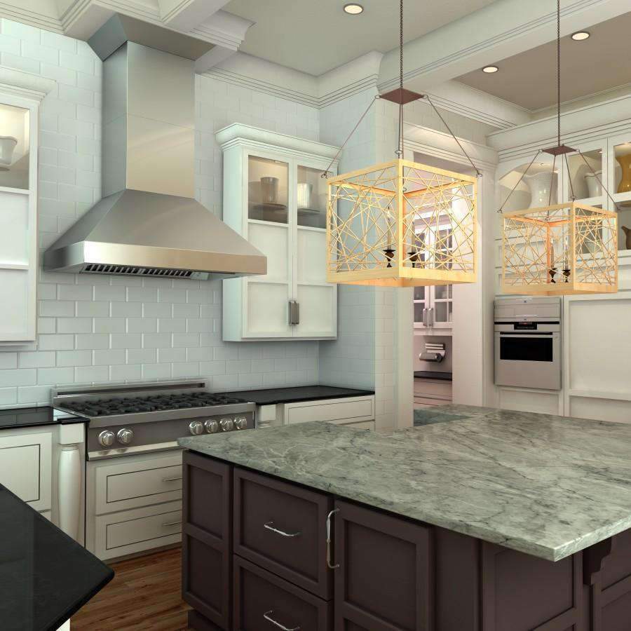 Stainless steel chimney range hood mounted over gas cooktop