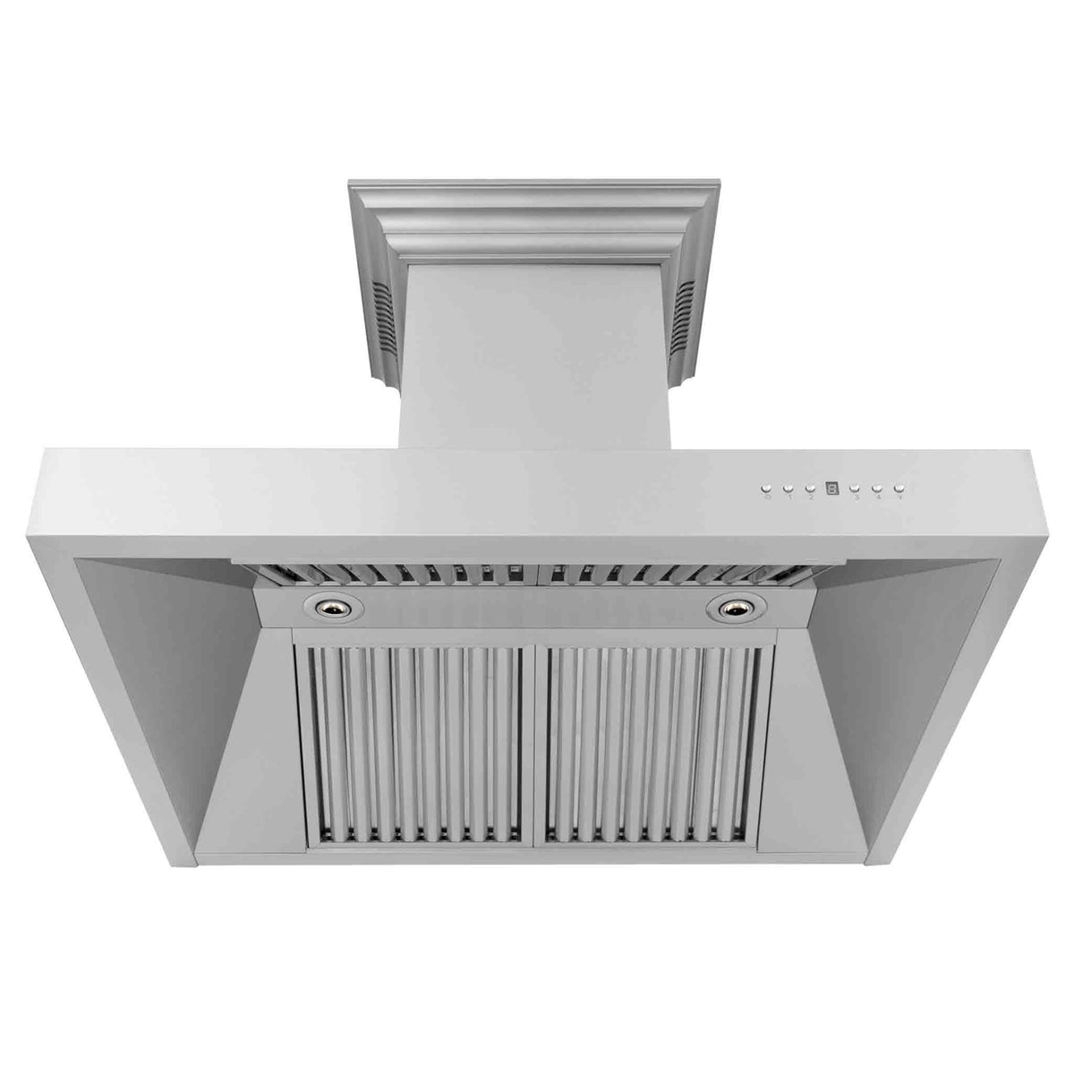 Stainless steel wall mount range hood front with baffle filters and control panel