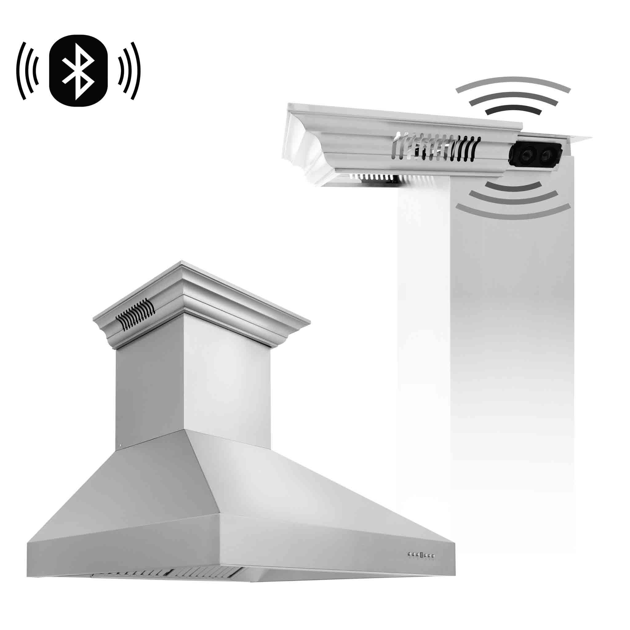 Wall mount range hood with built-in Bluetooth speakers and wireless signal icons