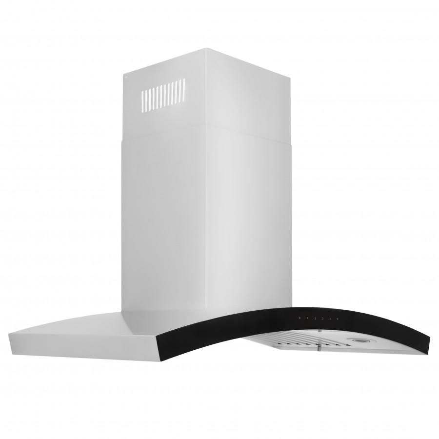 Stainless steel wall mount range hood with black chimney trim and front vent