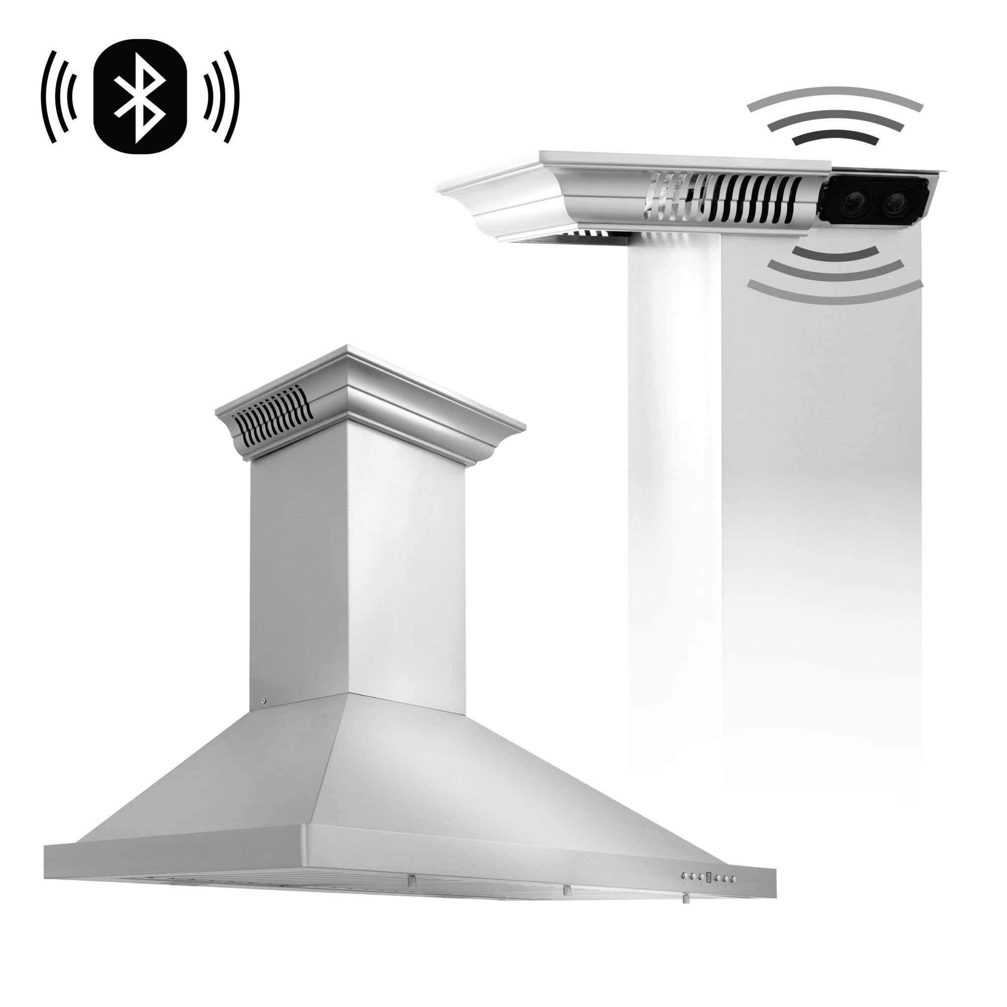 Stainless steel wall mount range hood with chimney, built-in Bluetooth speakers