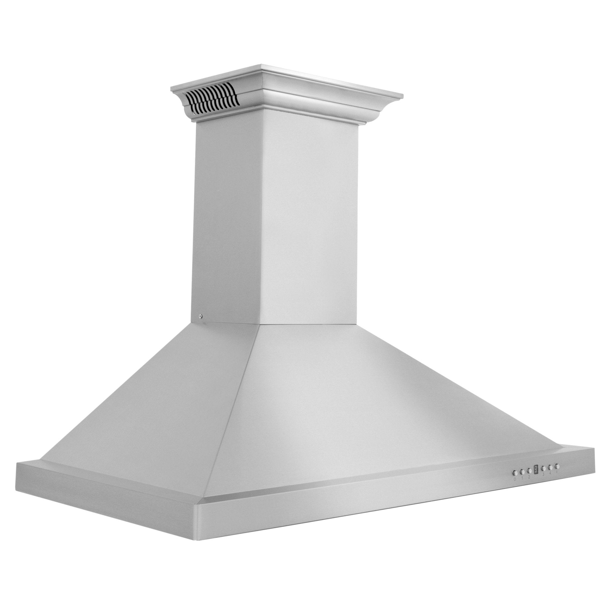 Stainless steel wall mount range hood with side vent intake near chimney