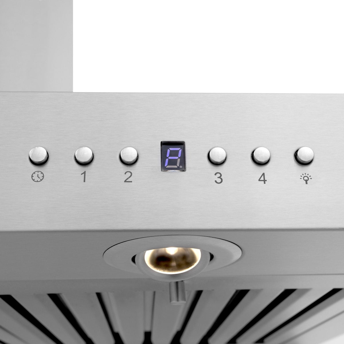 Range hood control panel with round buttons, digital display, and light indicator