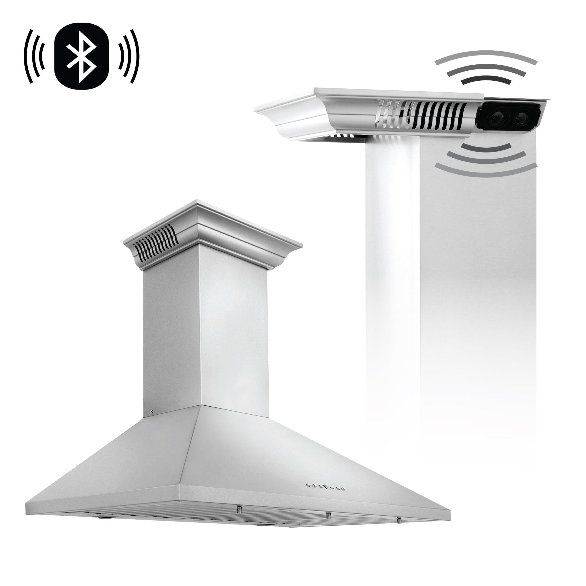 Stainless steel wall-mount range hood with Bluetooth audio icons and camera window