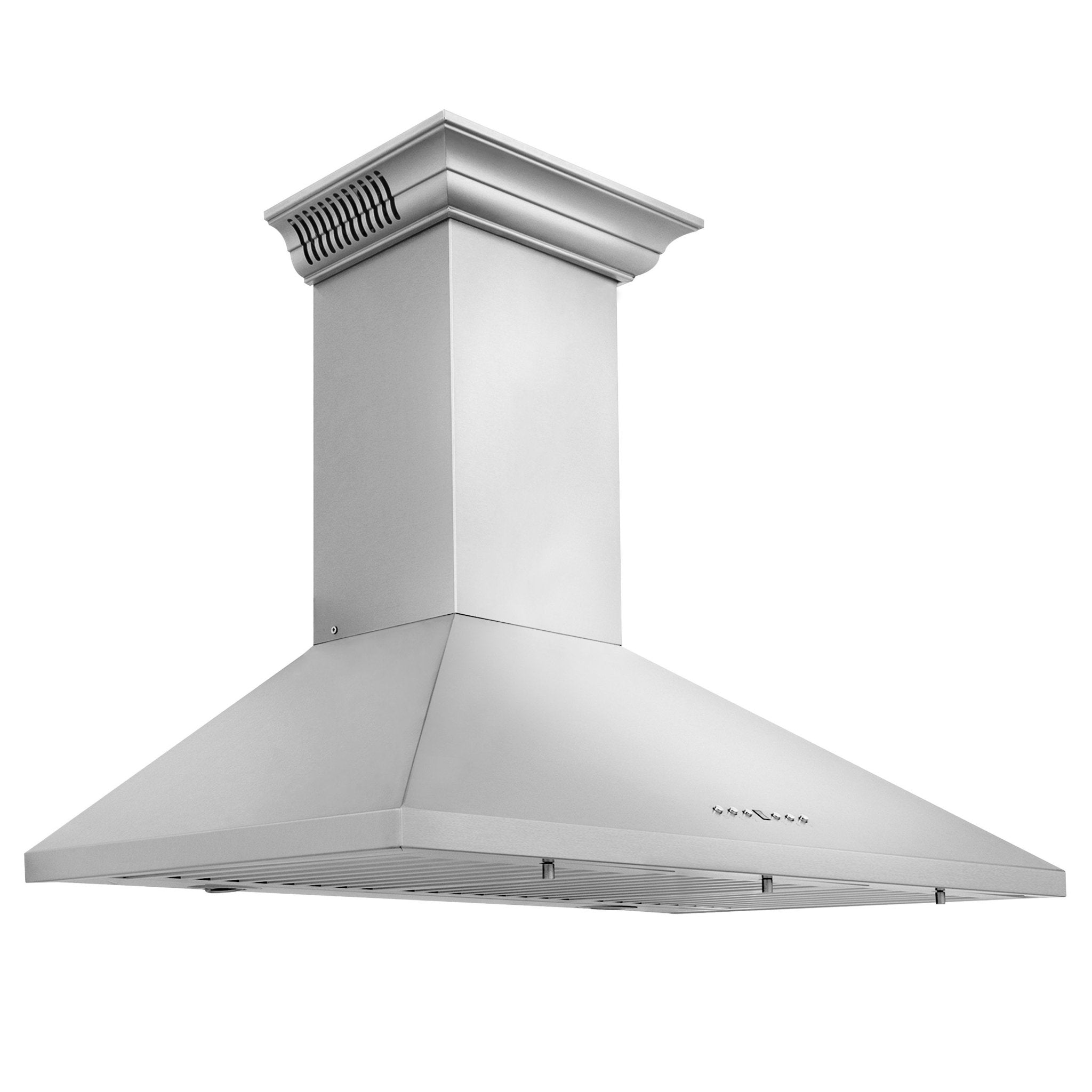 Stainless steel wall-mount range hood with angled chimney and decorative vent slots