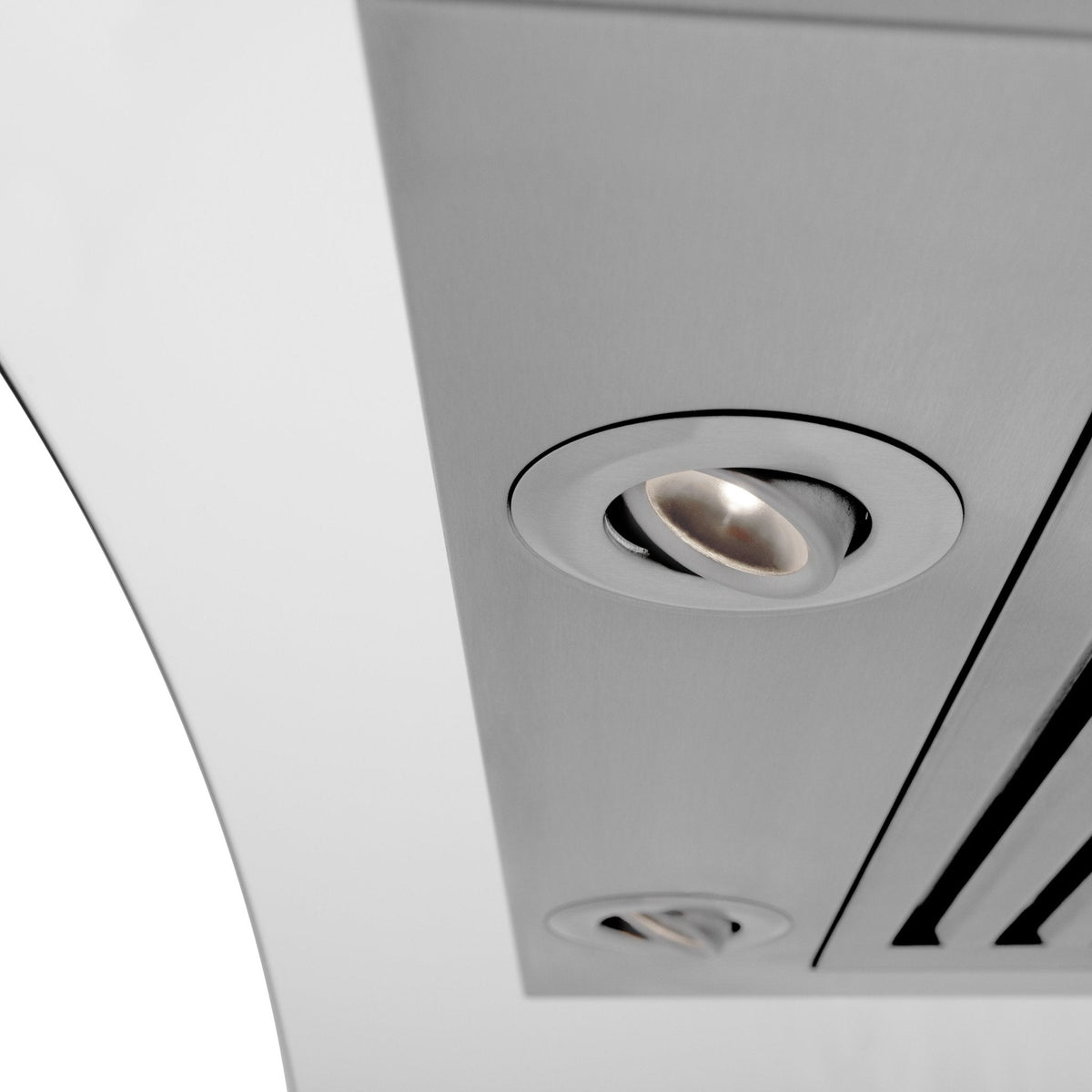 Stainless steel wall range hood vent and light control panel with round recessed bezel