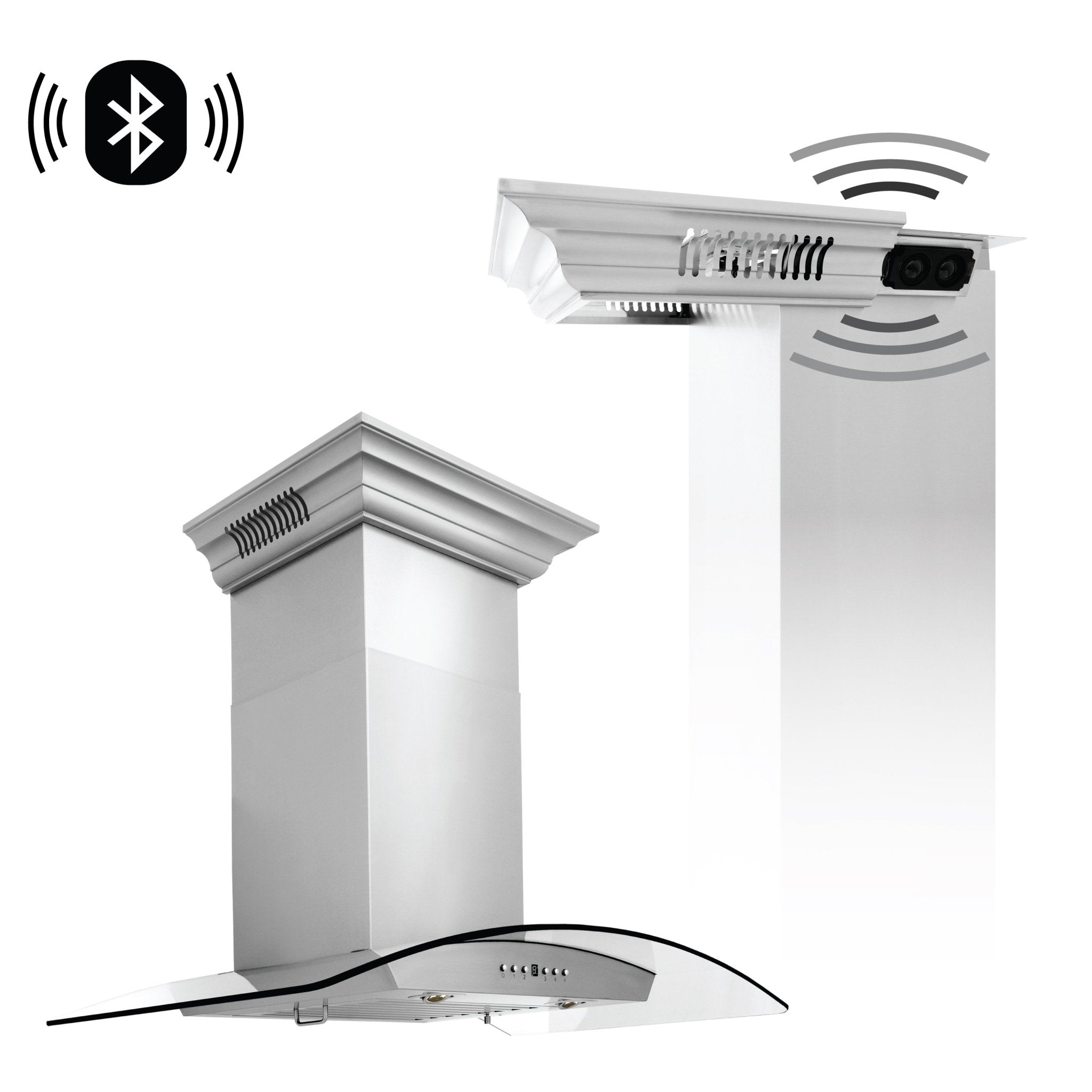 Stainless steel wall-mount range hood with built-in speakers and sound-wave icons