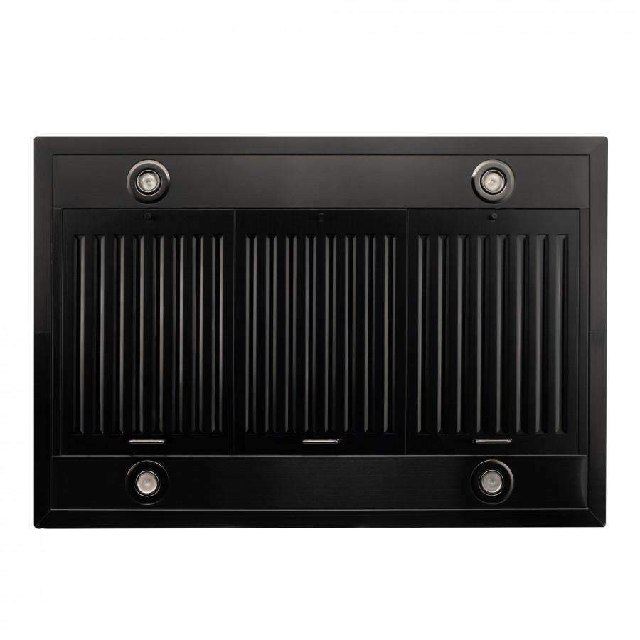 Black range hood vent/filters panel with four round fan covers