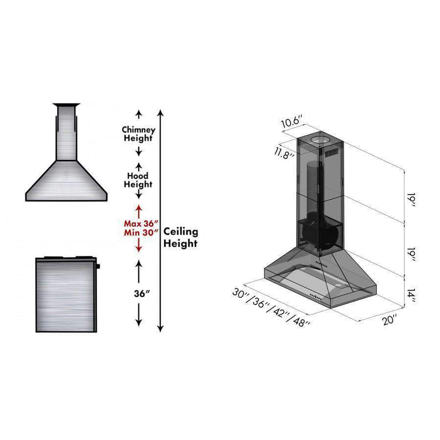 Range hood dimension diagram showing canopy, chimney height, and base