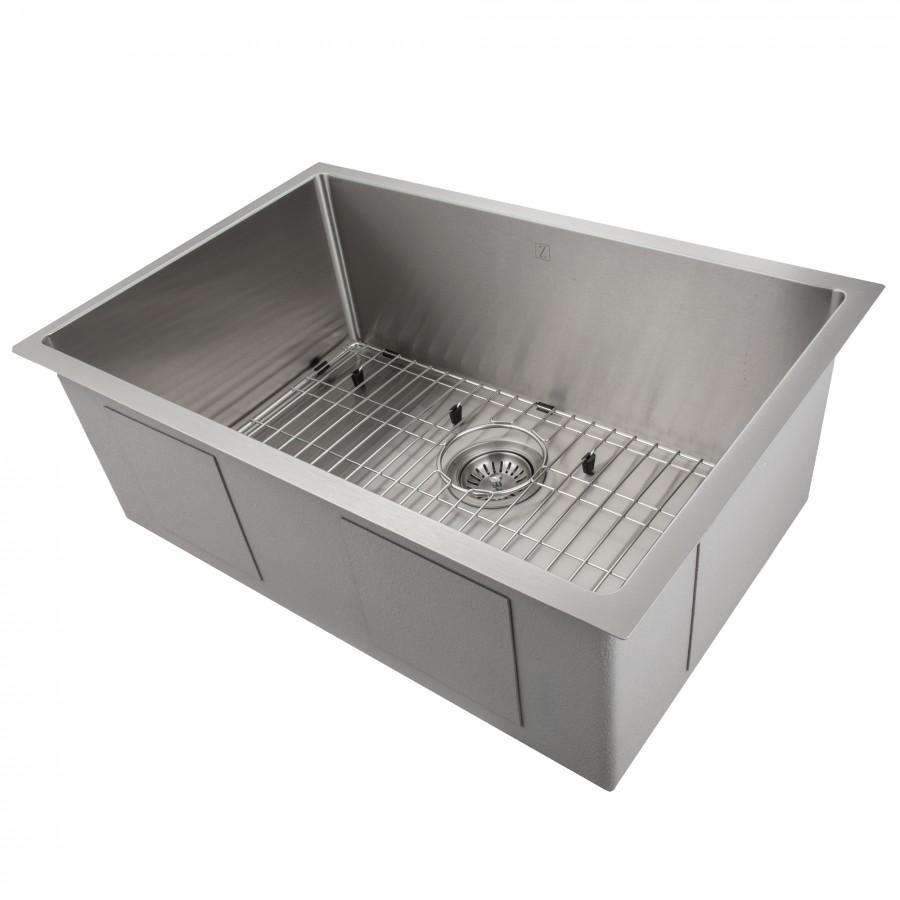 Single-bowl stainless steel kitchen sink with bottom grid and circular drain strainer