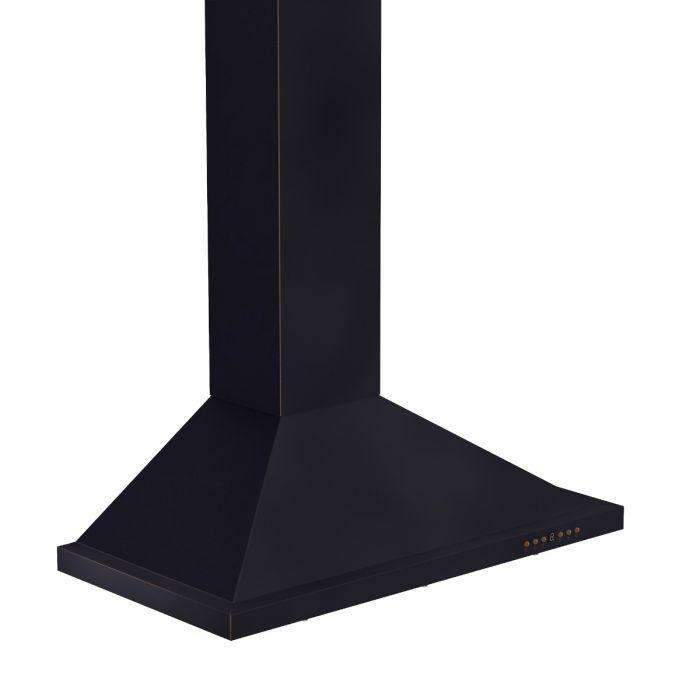 Black wall-mounted range hood with tall chimney and low, wide vent canopy profile.