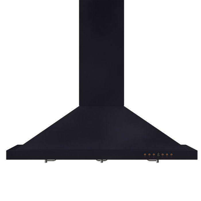 Black wall-mounted range hood with wide canopy and chimney, seen from the side front.