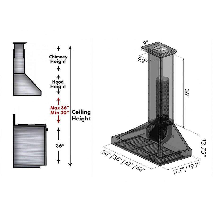 Wall range hood installation diagram showing chimney, hood canopy, and mounting heights