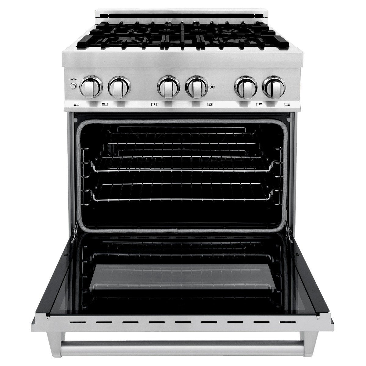 Stainless dual fuel range with oven door open, showing empty oven racks.