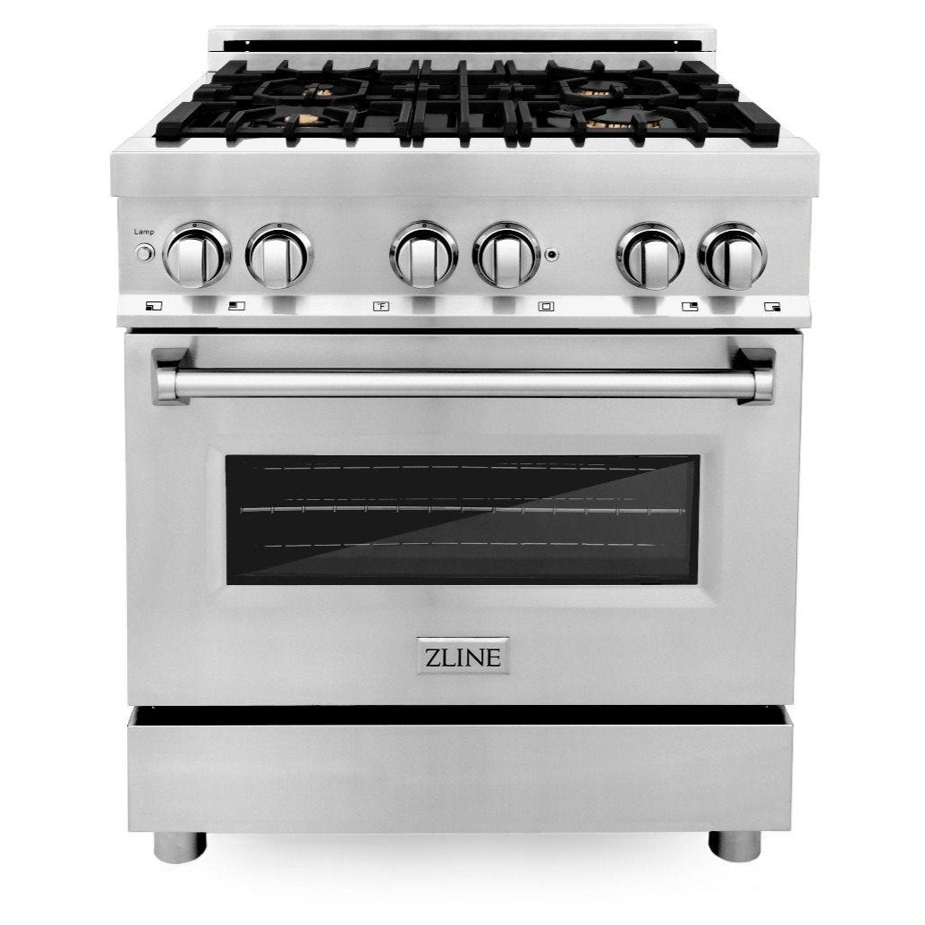 Stainless dual-fuel range with 4 gas burners and glass-window electric oven, front view