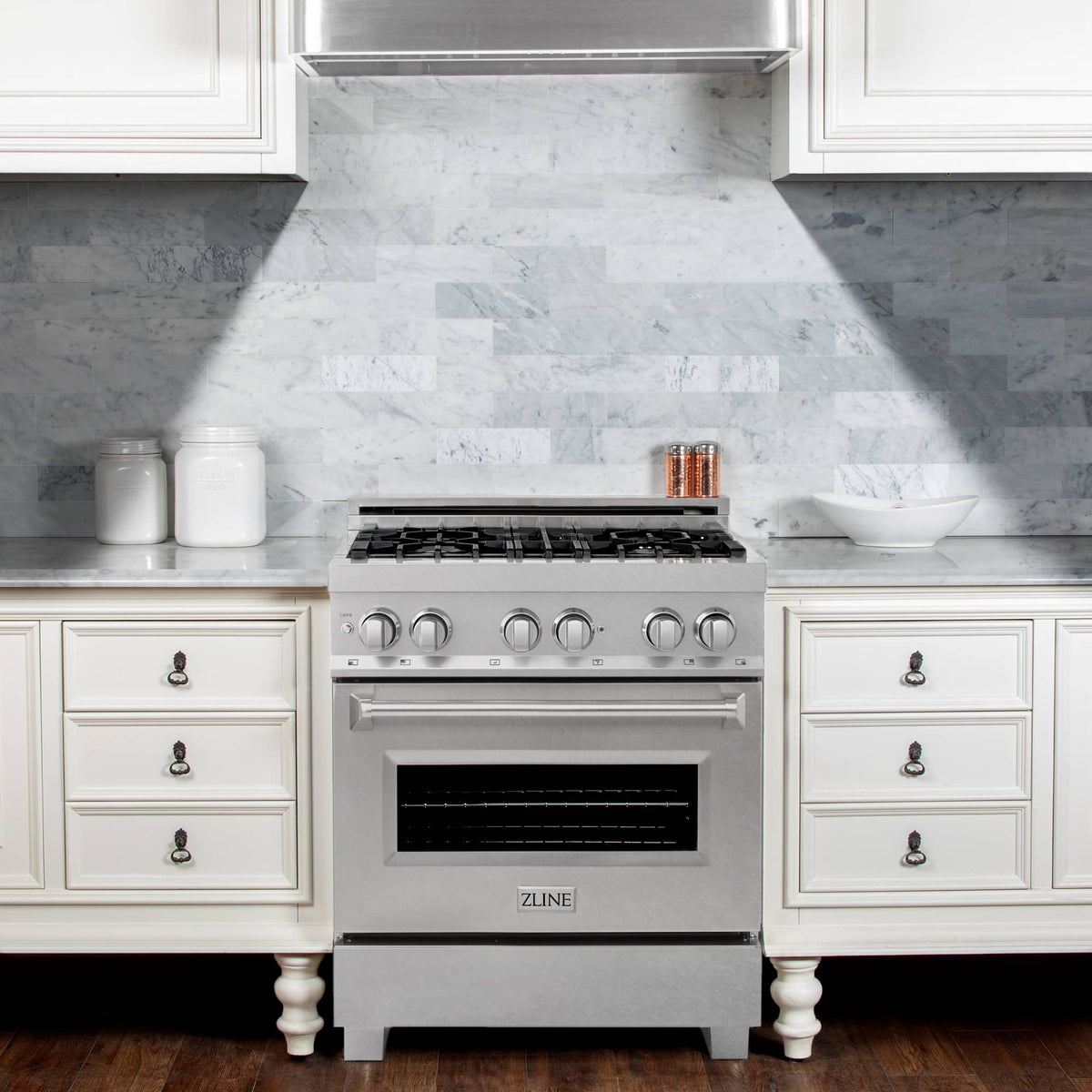 30-inch dual fuel range with stainless exterior, front controls, and open oven door