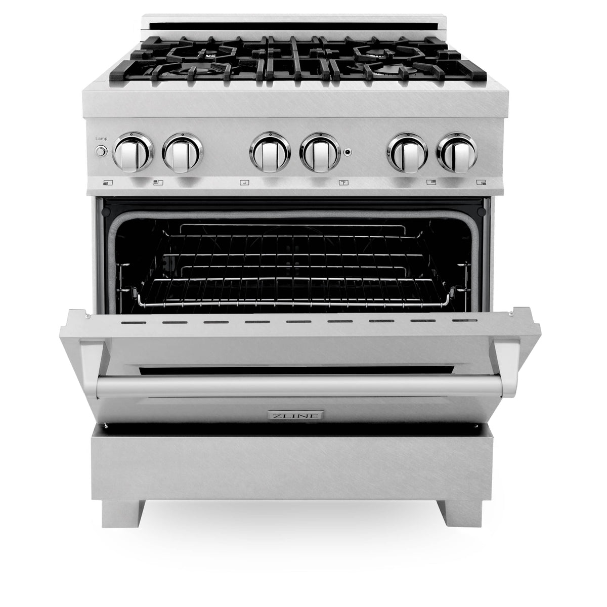 Dual fuel range with black grate cooktop and open oven cavity with racks