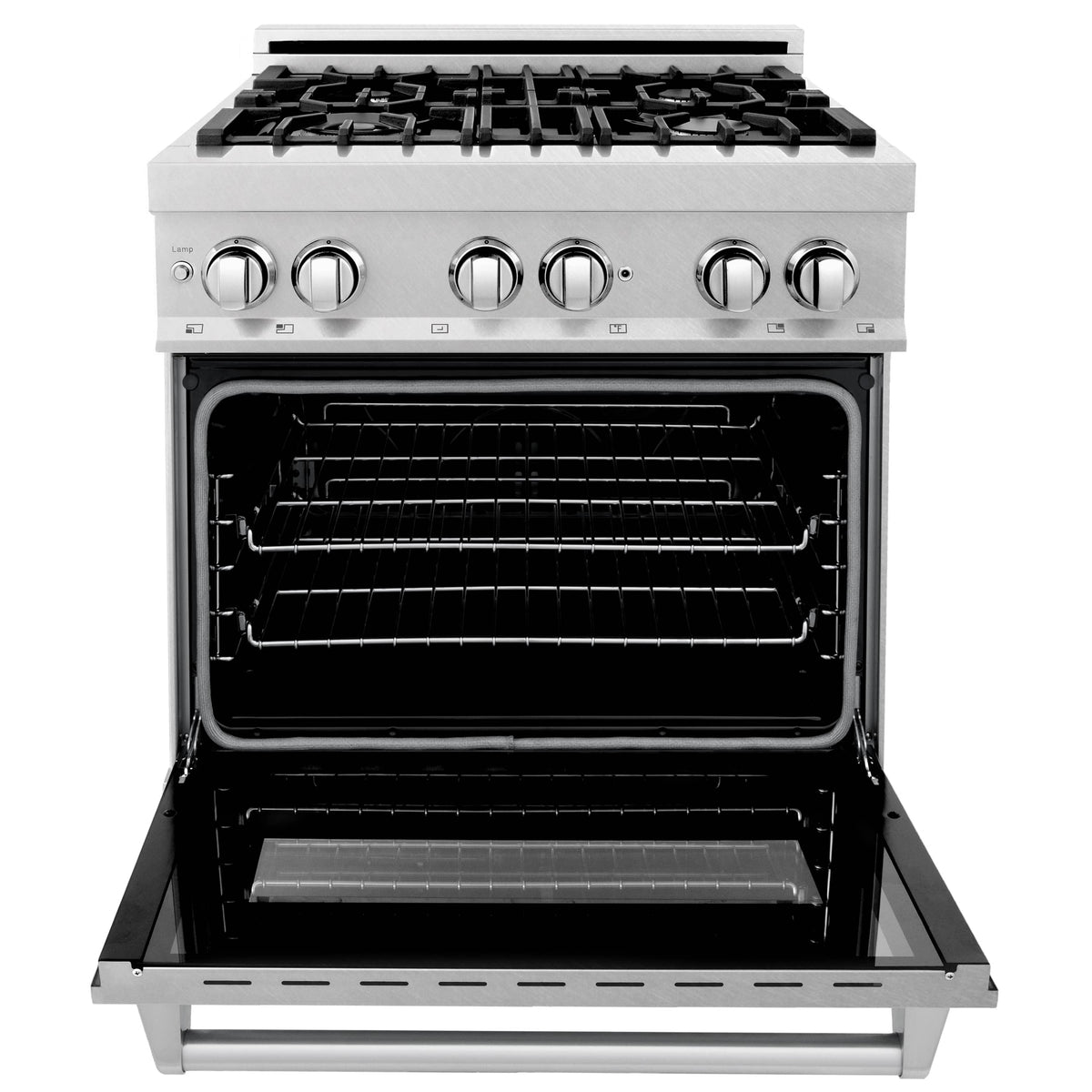 Stainless steel range with open oven door and top burner controls