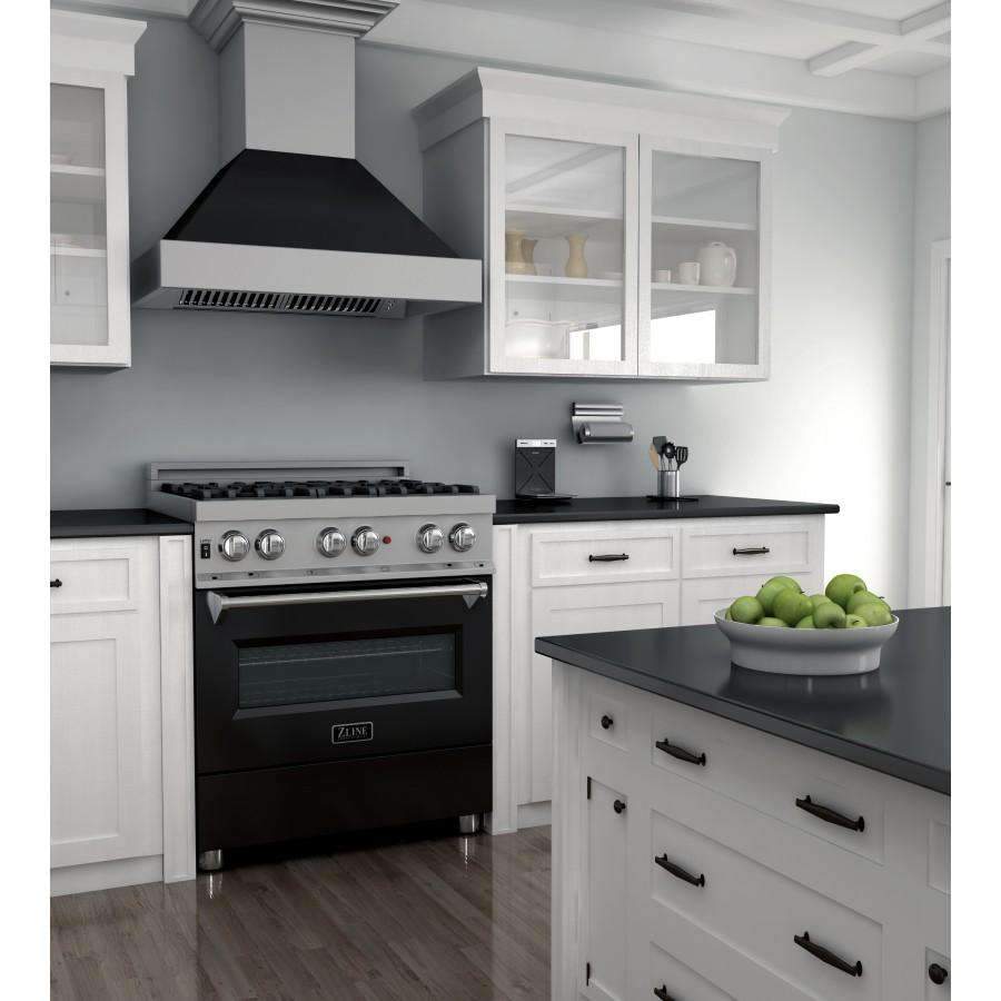 Dual fuel range with satin stainless body, black matte door, and control knobs