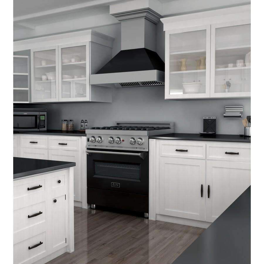Stainless dual fuel range between white cabinets, with control knobs and oven door