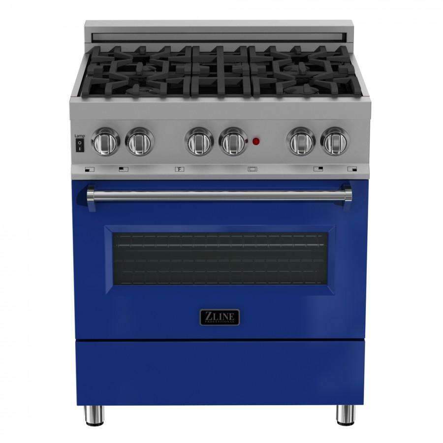 Dual fuel range with stainless steel top, black grates, and blue oven door
