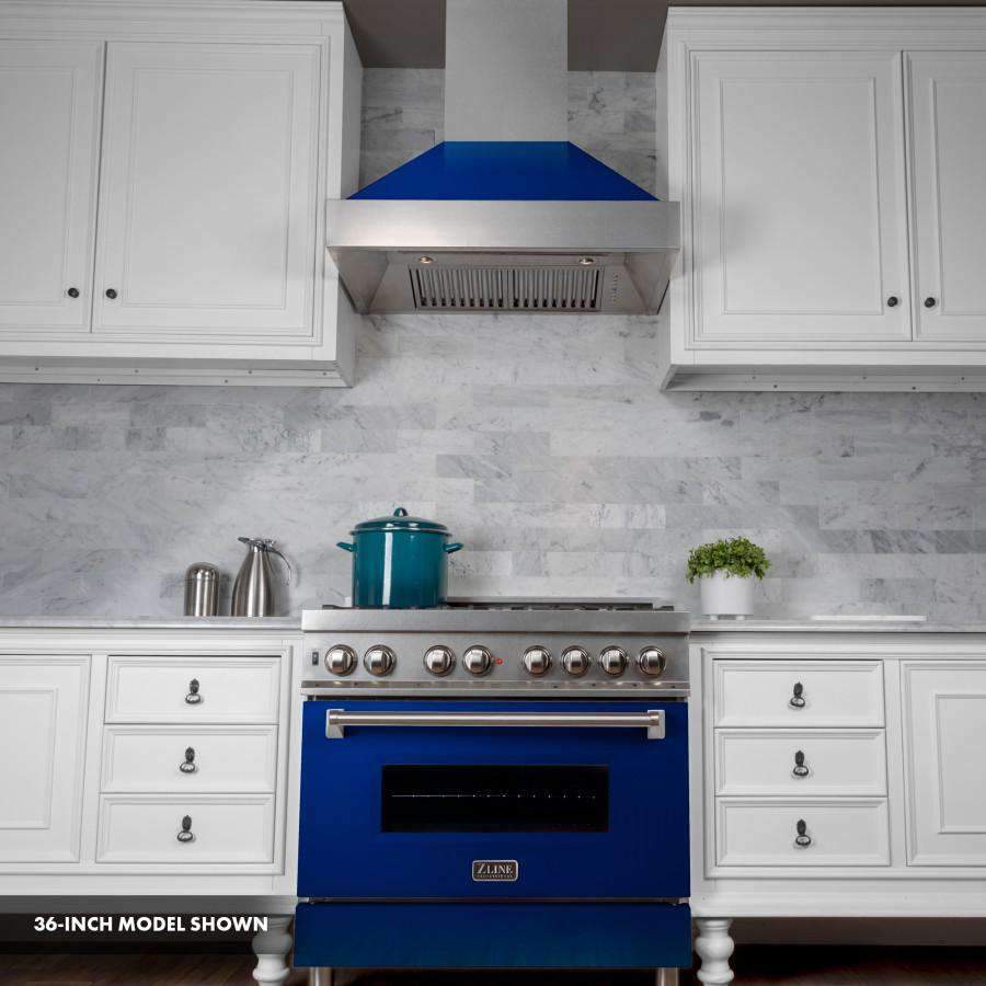 Dual fuel range with blue oven door, stainless trim, and overhead range hood