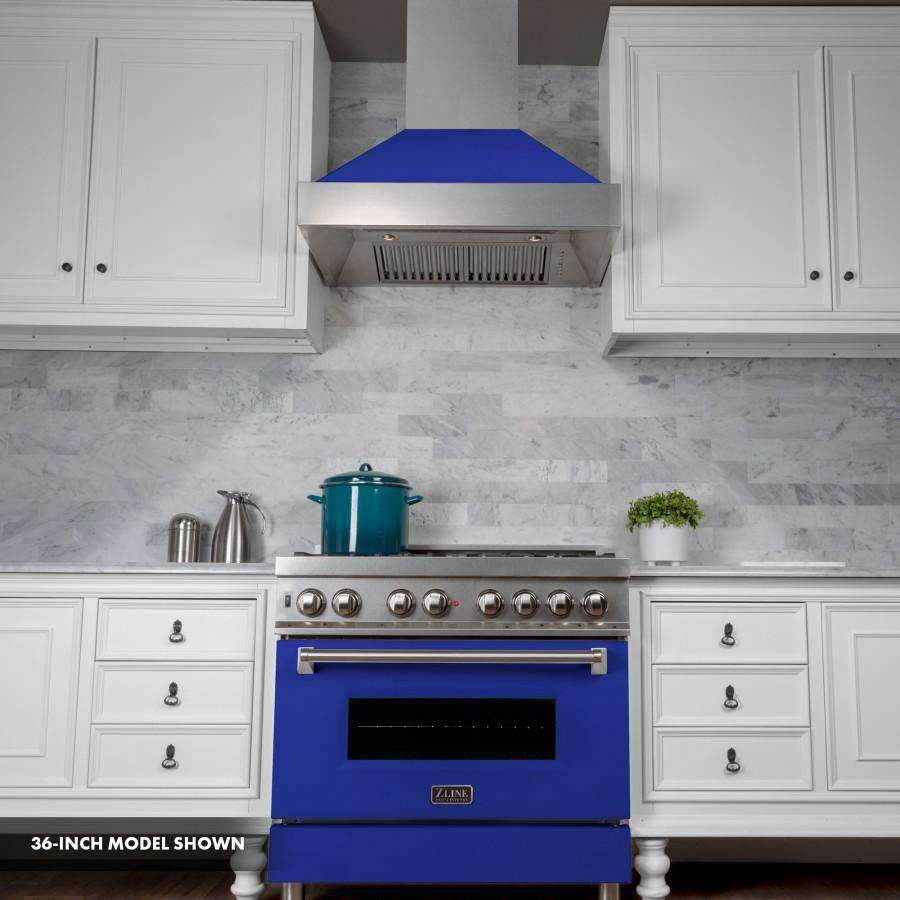 Dual fuel range front view with blue matte door, stainless knobs, and overhead vent hood