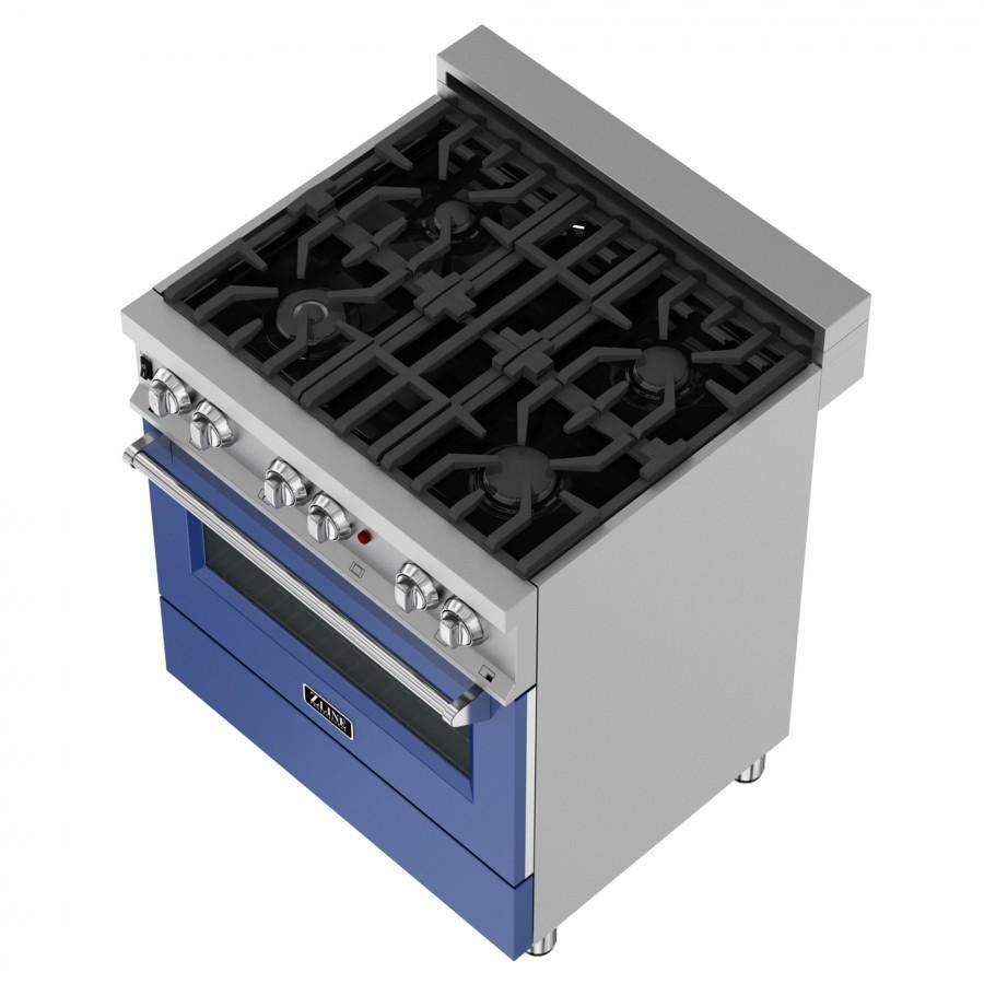 Dual fuel range top with black grates, stainless control bar, and blue lower door