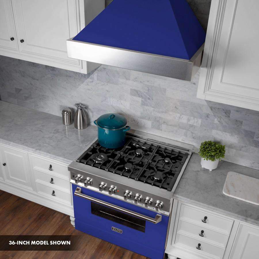 Dual fuel range with blue matte door, stainless cooktop grates, front oven window