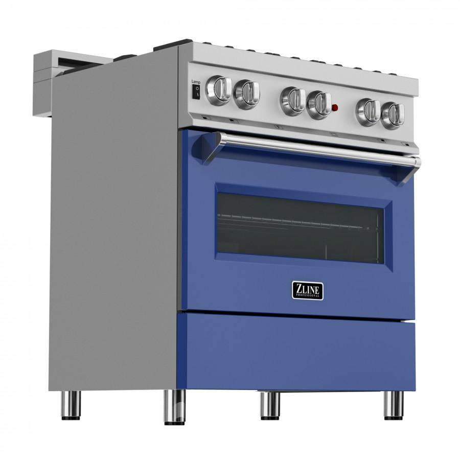 Dual fuel range front view with blue oven door and stainless steel cooktop knobs