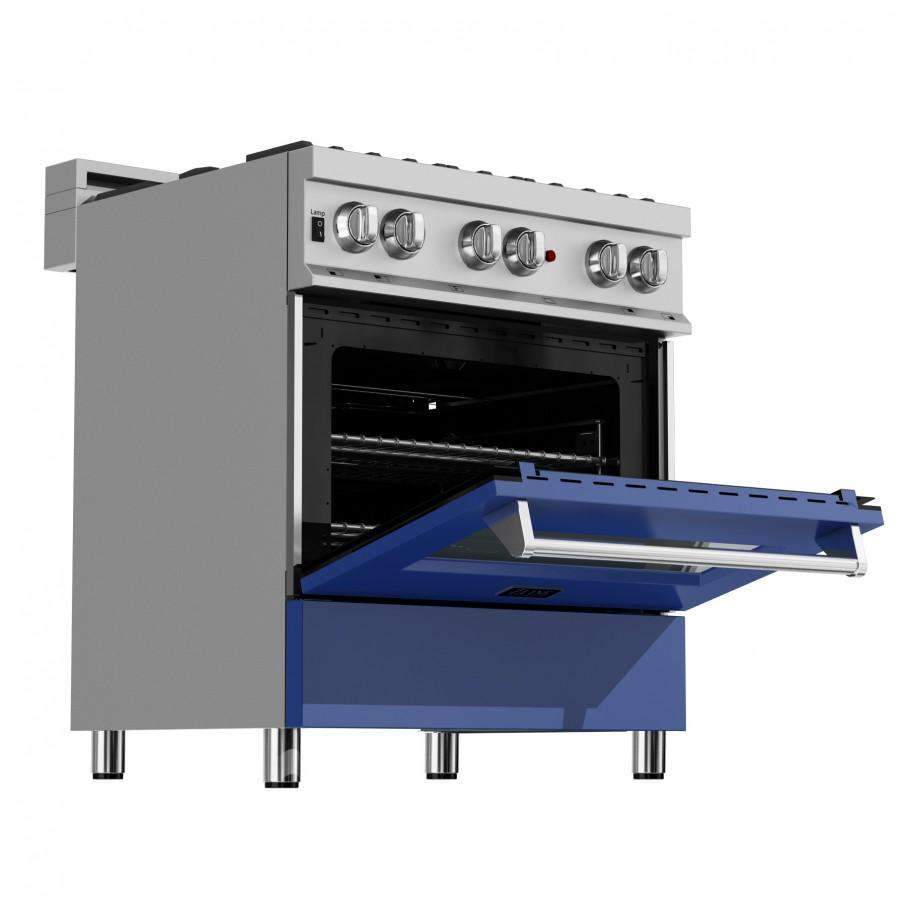 Dual fuel range with open oven door showing black interior and blue lower compartment