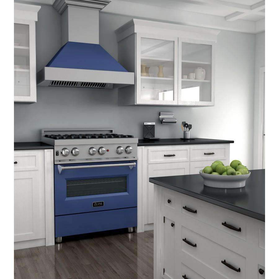 Dual fuel range in blue matte with stainless control panel and oven window in kitchen
